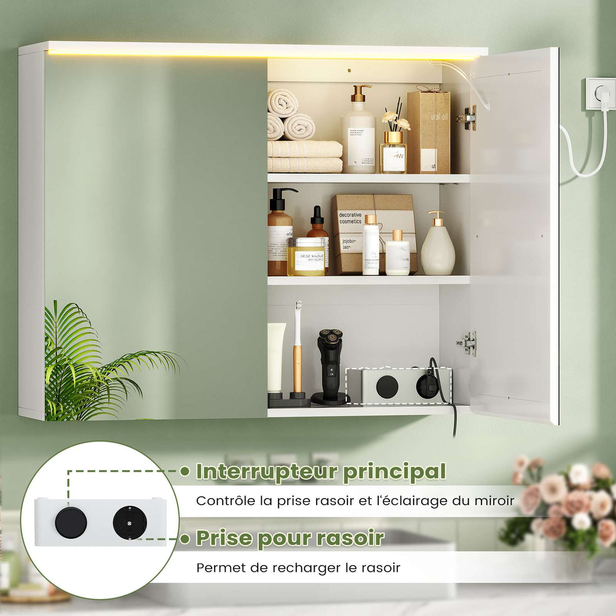 AOGLLATI Meuble de Salle de Bain avec Éclairage LED et Prise, 80x19.5x60 cm