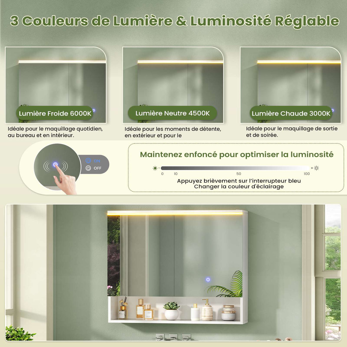 AOGLLATI Meuble Salle de Bain avec Éclairage LED et Prise, 80x19.5x75.5 cm