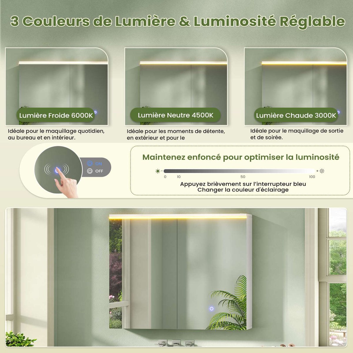 AOGLLATI Meuble de Salle de Bain avec Éclairage LED et Prise, 80x19.5x60 cm