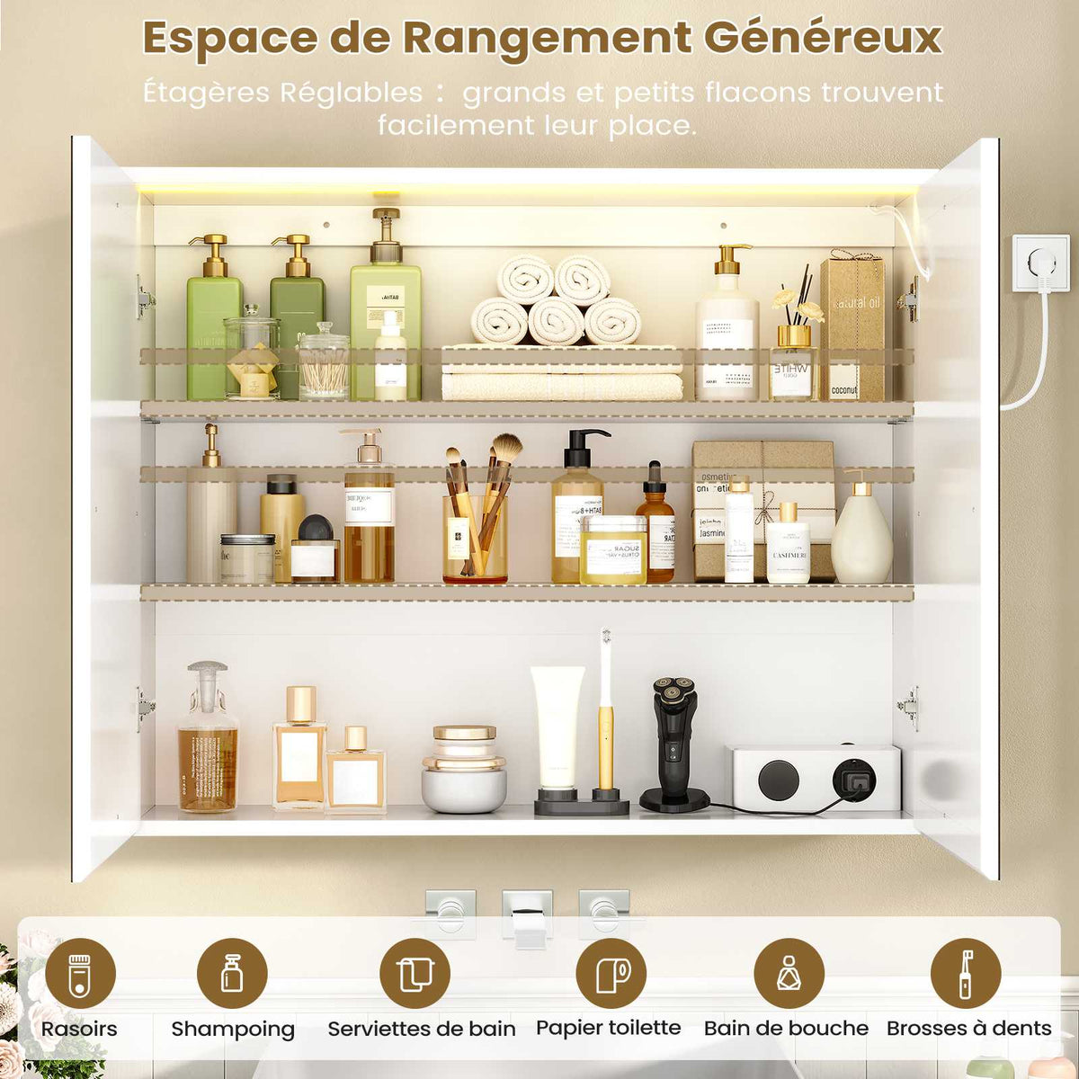 AOGLLATI Meuble de Salle de Bain avec Éclairage LED et Prise, 80x19.5x60 cm