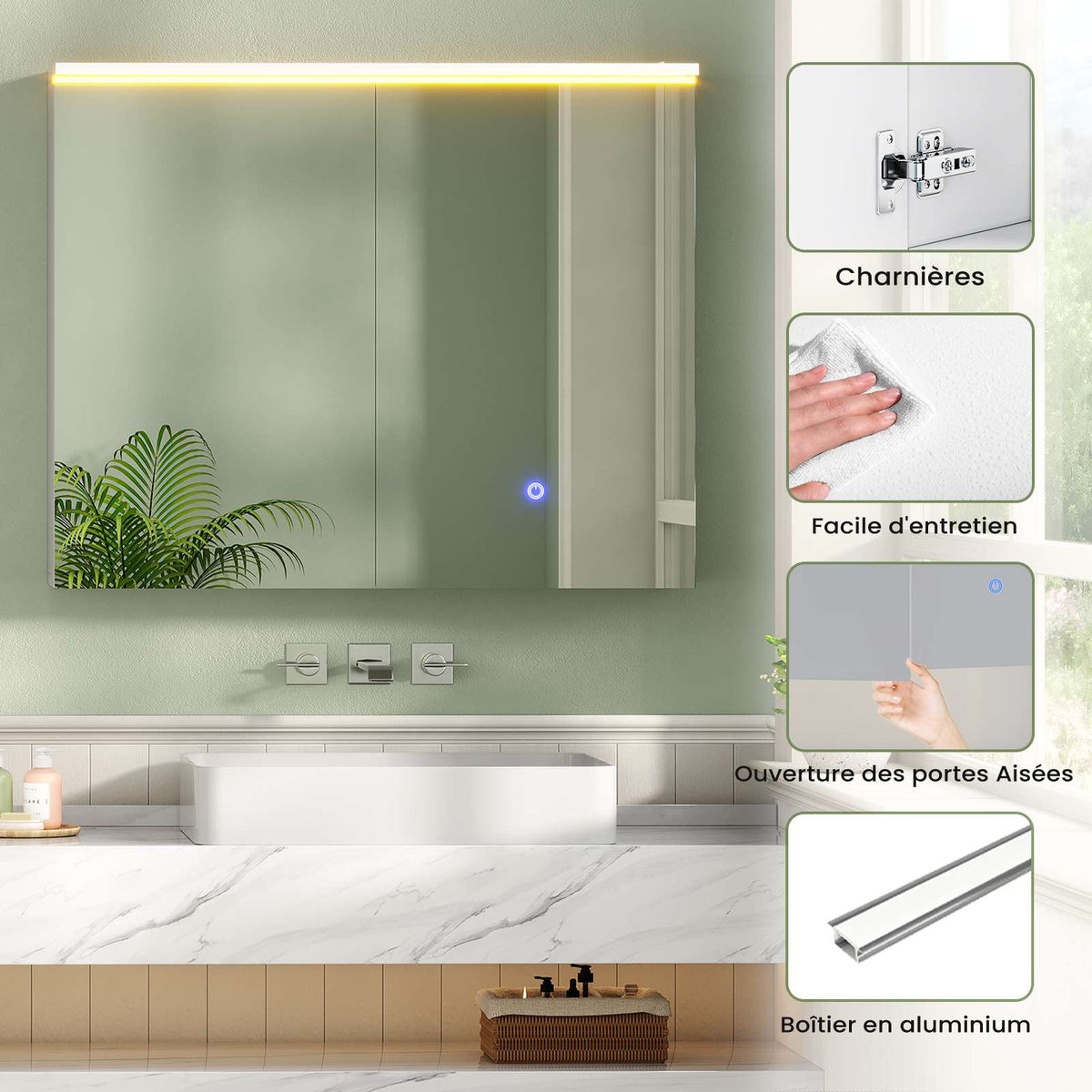 AOGLLATI Meuble de Salle de Bain avec Éclairage LED et Prise, 80x19.5x60 cm