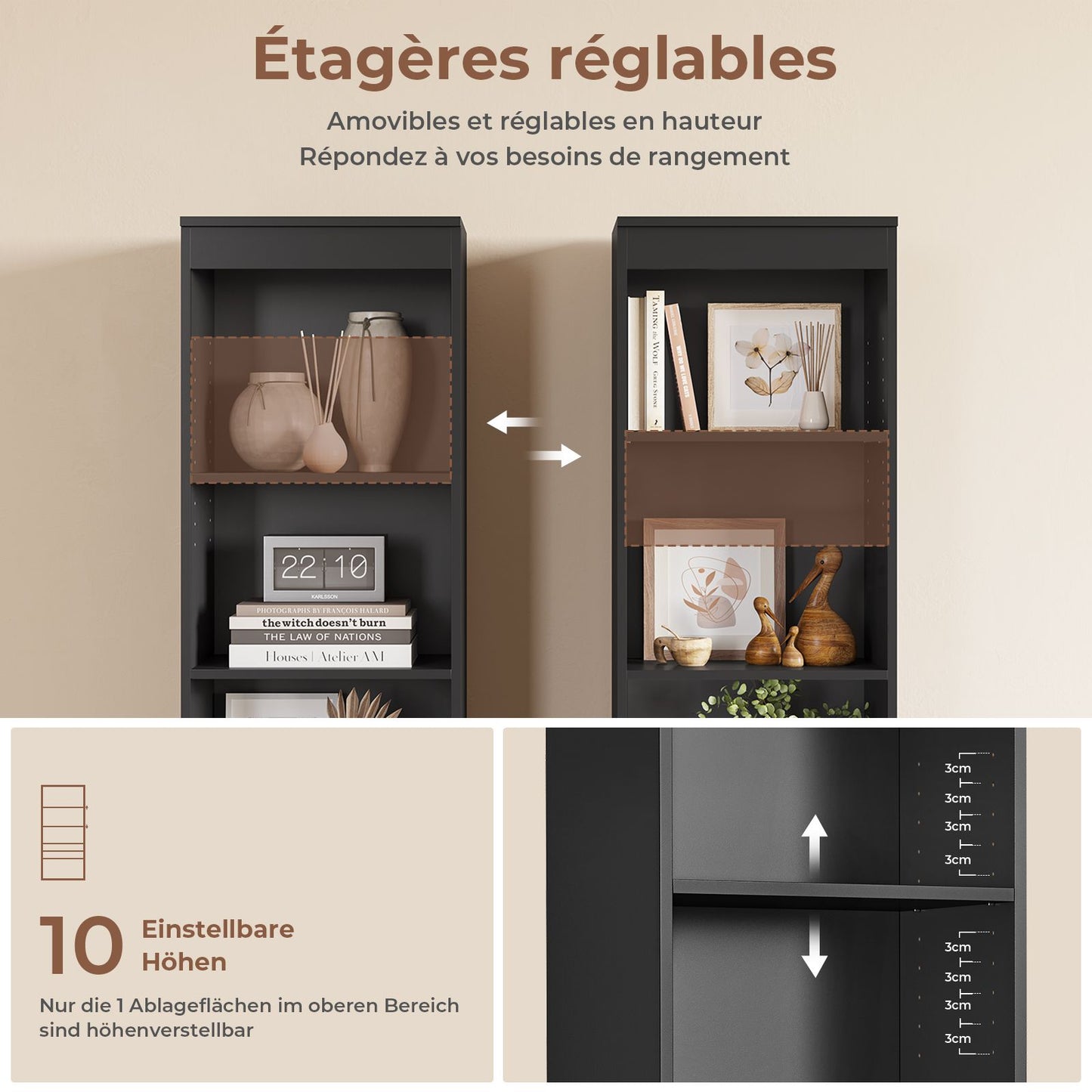 Meuble de rangement pour salle de bain armoire de cuisine haute avec 2 grands tiroirs et 4 étagères colonne de support multifonctionnelle