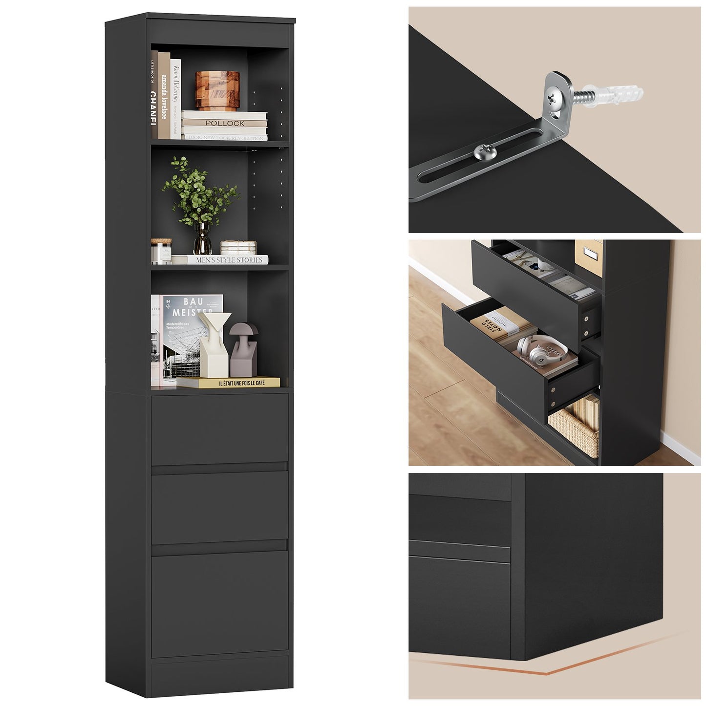 Meuble de rangement pour salle de bain armoire de cuisine haute avec 2 grands tiroirs et 4 étagères colonne de support multifonctionnelle