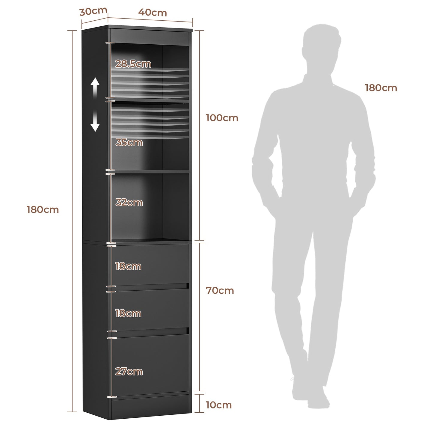 Meuble de rangement pour salle de bain armoire de cuisine haute avec 2 grands tiroirs et 4 étagères colonne de support multifonctionnelle