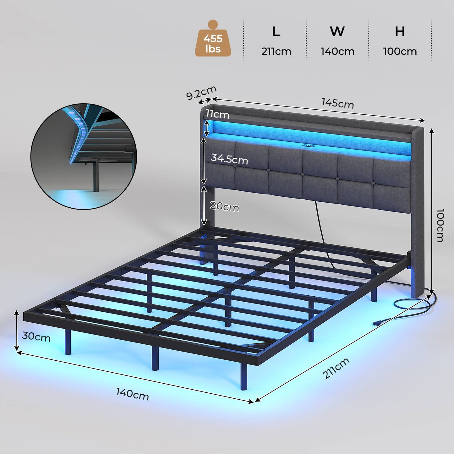 Lit suspendu AOGLLATI 140 × 200 cm avec éclairage LED et multiprise tête de lit rembourrée avec espace de rangement tissu en lin