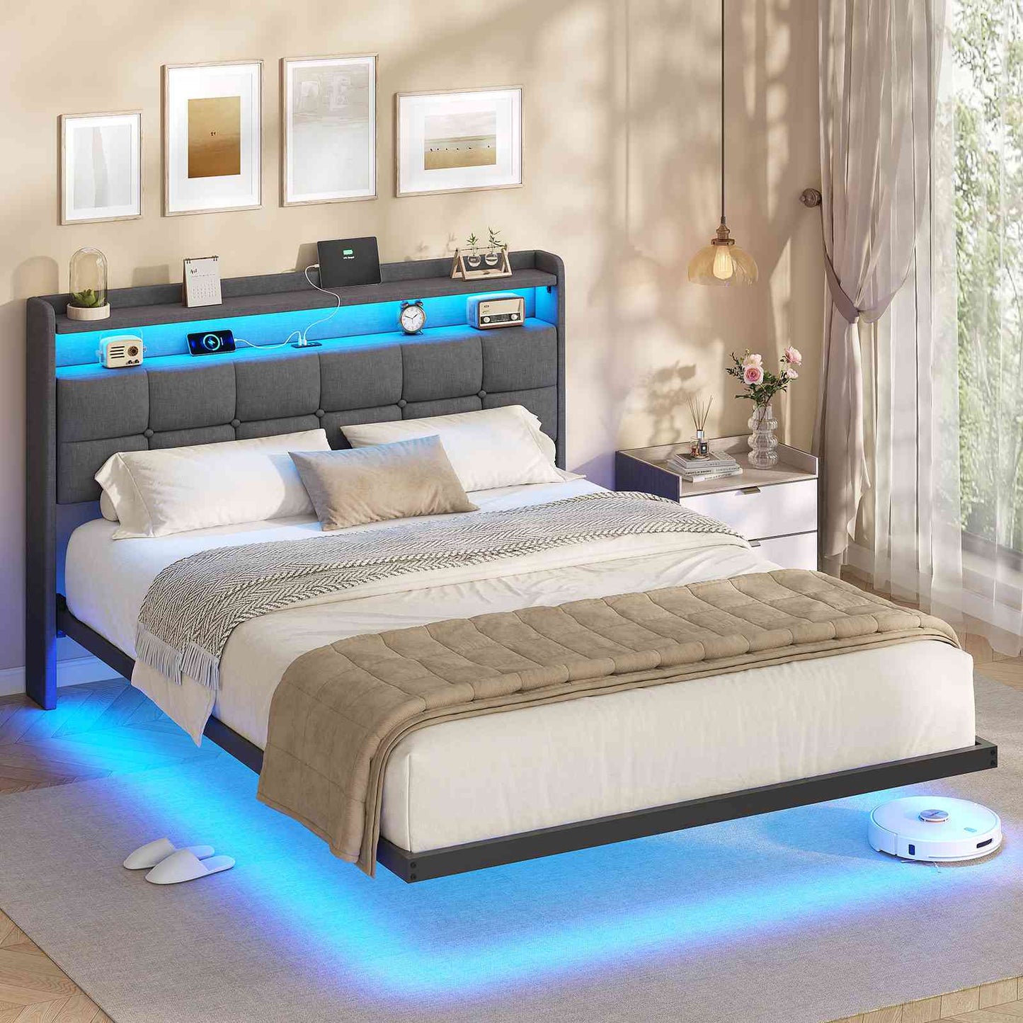 Lit suspendu AOGLLATI 140 × 190 cm avec éclairage LED et multiprise tête de lit rembourrée avec espace de rangement tissu en lin