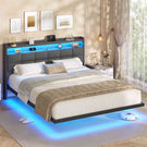 Lit suspendu AOGLLATI 160 × 200 cm avec éclairage LED et multiprise tête de lit rembourrée avec espace de rangement tissu en lin