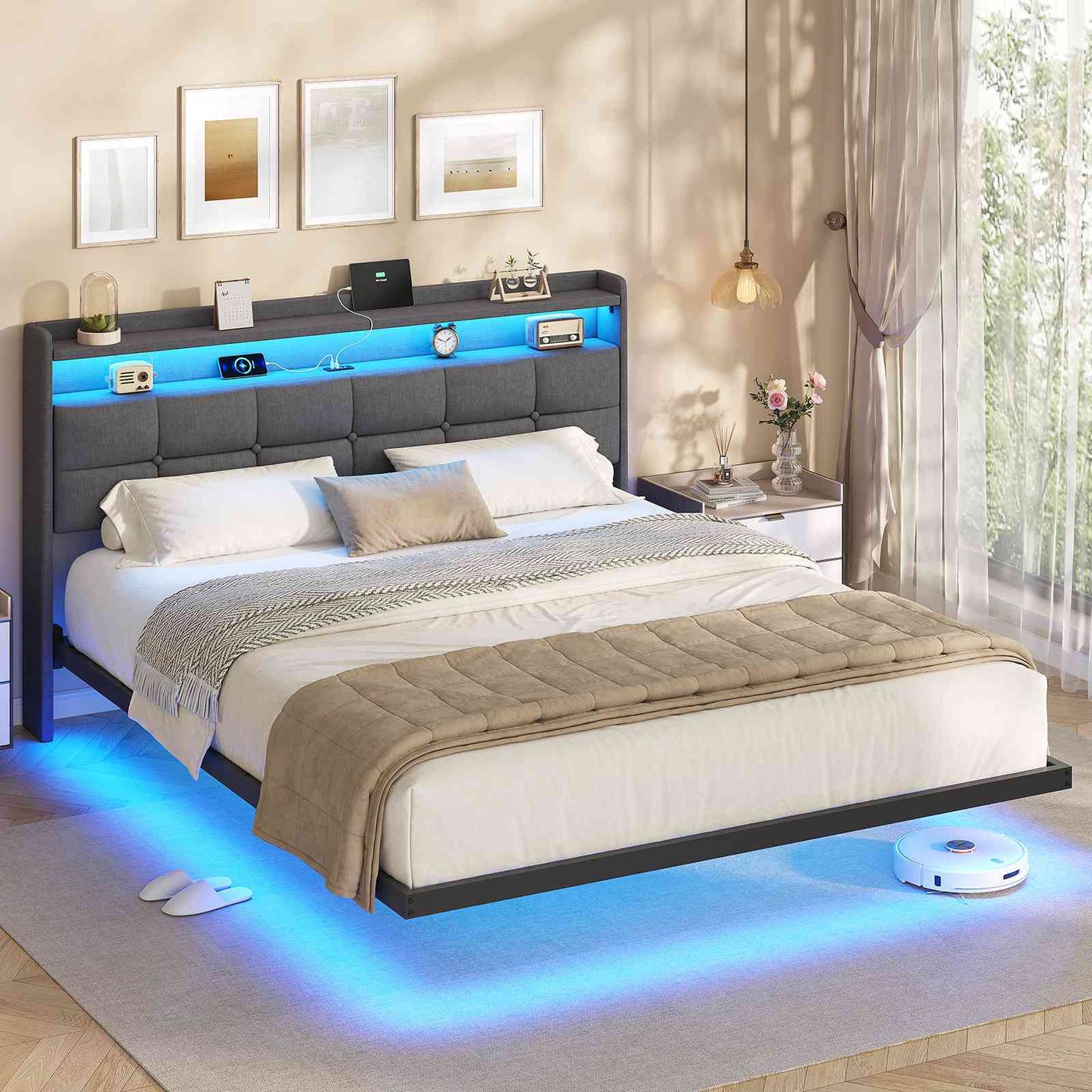 Lit suspendu AOGLLATI 160 × 200 cm avec éclairage LED et multiprise tête de lit rembourrée avec espace de rangement tissu en lin
