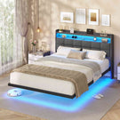 Lit suspendu AOGLLATI 140 × 190 cm avec éclairage LED et multiprise tête de lit rembourrée avec espace de rangement tissu en lin