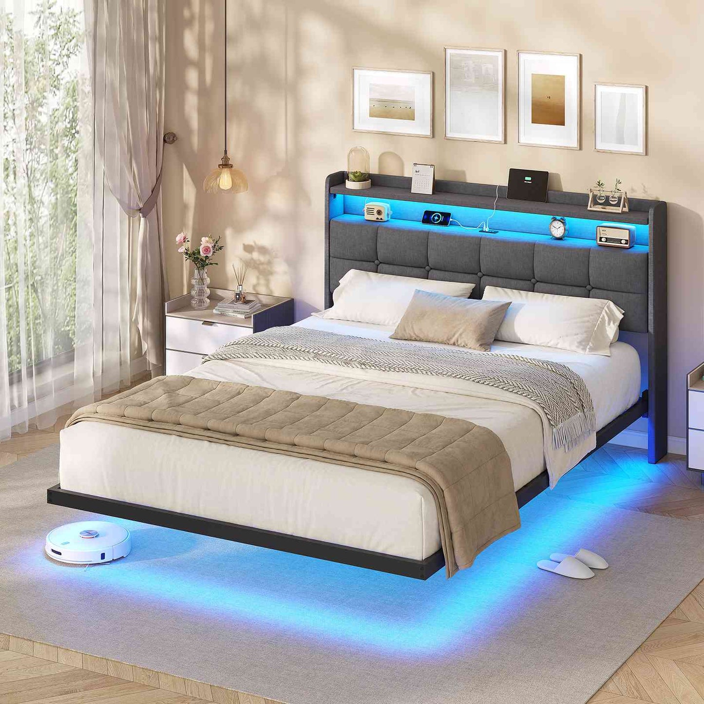 Lit suspendu AOGLLATI 140 × 190 cm avec éclairage LED et multiprise tête de lit rembourrée avec espace de rangement tissu en lin