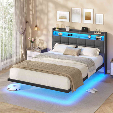 Lit suspendu AOGLLATI 140 × 190 cm avec éclairage LED et multiprise tête de lit rembourrée avec espace de rangement tissu en lin