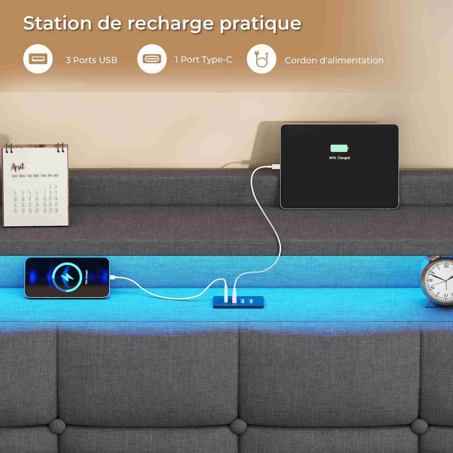 Lit suspendu AOGLLATI 140 × 200 cm avec éclairage LED et multiprise tête de lit rembourrée avec espace de rangement tissu en lin