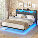 Lit suspendu AOGLLATI 160 × 200 cm avec éclairage LED et multiprise tête de lit rembourrée avec espace de rangement tissu en lin