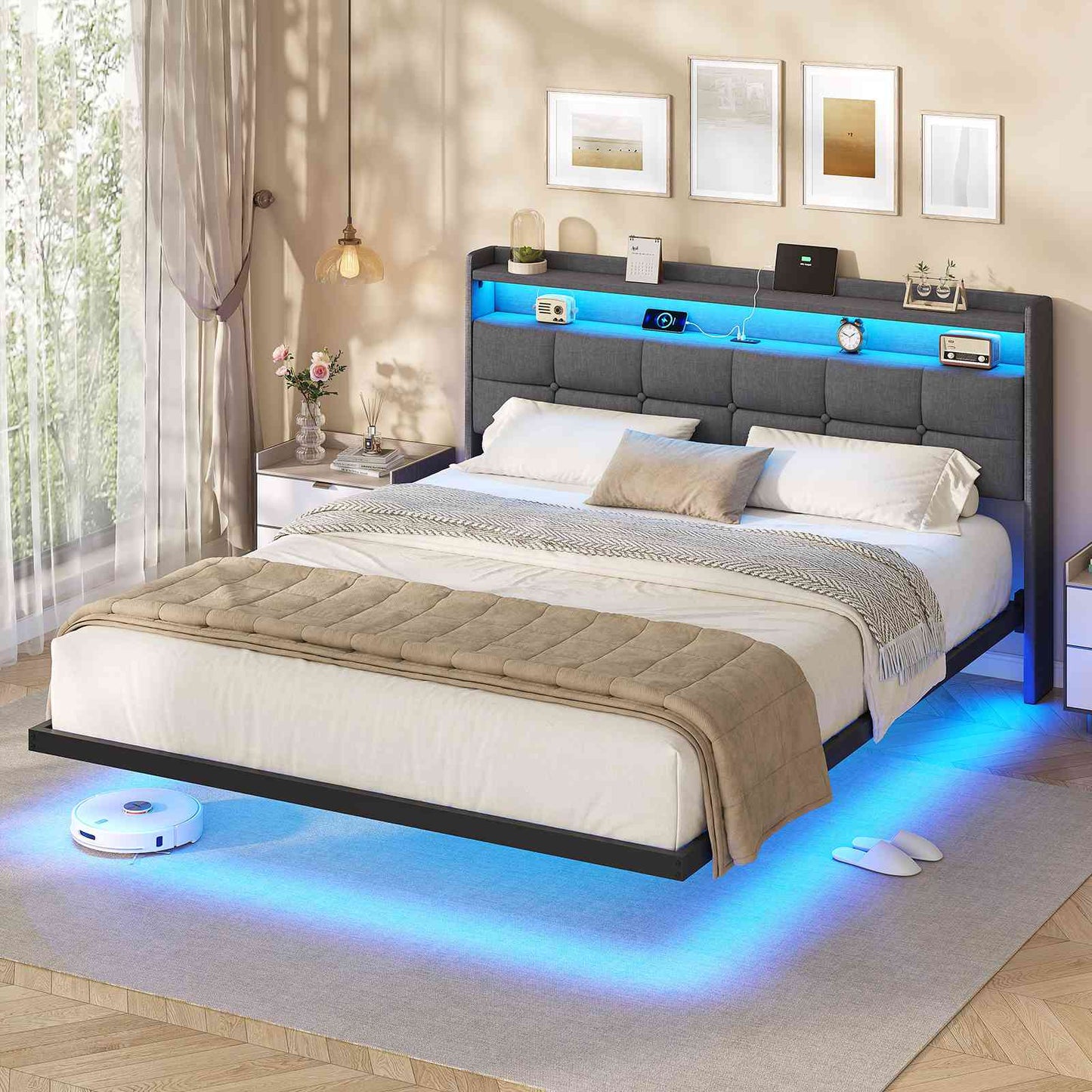 Lit suspendu AOGLLATI 160 × 200 cm avec éclairage LED et multiprise tête de lit rembourrée avec espace de rangement tissu en lin