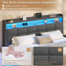 Lit suspendu AOGLLATI 140 × 190 cm avec éclairage LED et multiprise tête de lit rembourrée avec espace de rangement tissu en lin