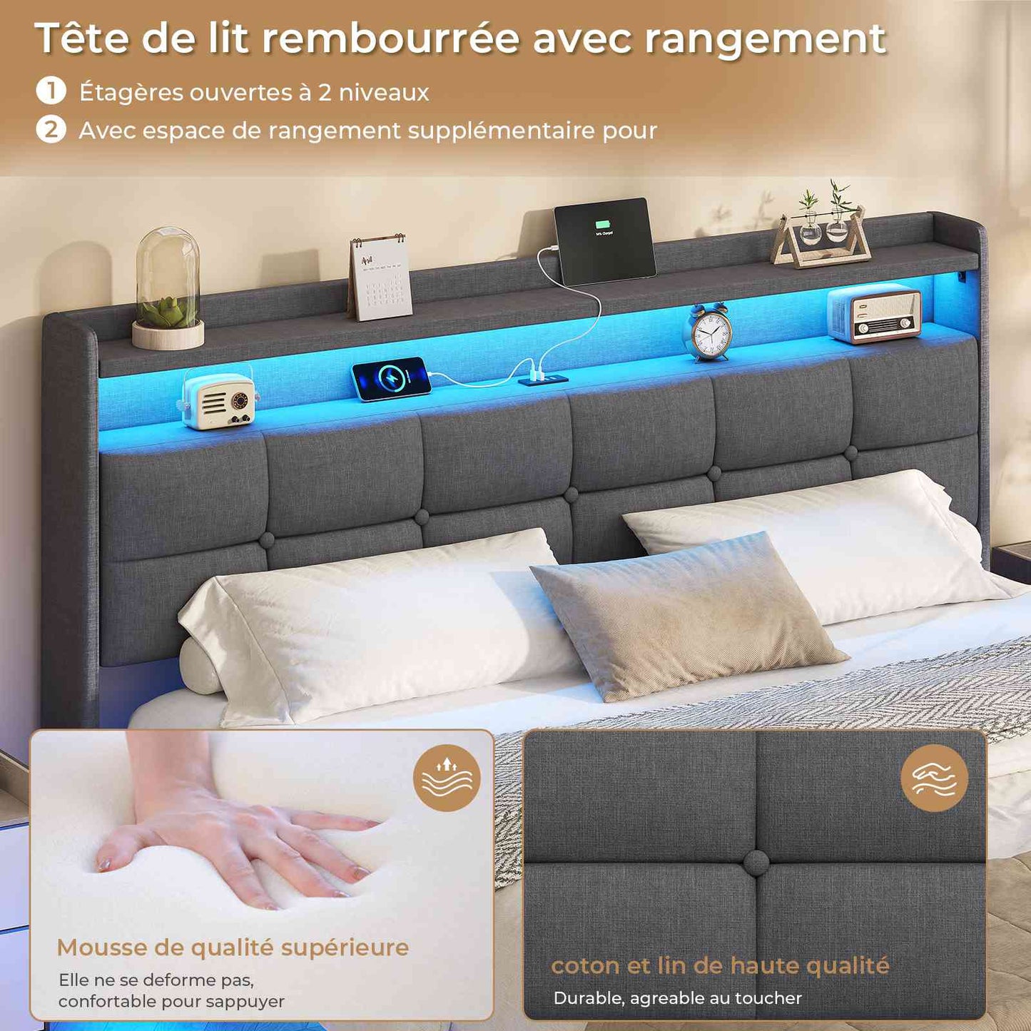 Lit suspendu AOGLLATI 140 × 190 cm avec éclairage LED et multiprise tête de lit rembourrée avec espace de rangement tissu en lin