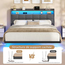 Lit suspendu AOGLLATI 140 × 190 cm avec éclairage LED et multiprise tête de lit rembourrée avec espace de rangement tissu en lin