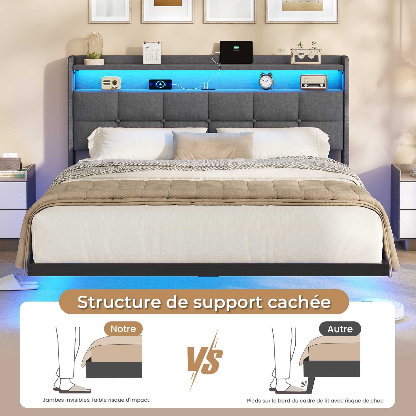 Lit suspendu AOGLLATI 140 × 190 cm avec éclairage LED et multiprise tête de lit rembourrée avec espace de rangement tissu en lin