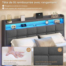 Lit suspendu AOGLLATI 160 × 200 cm avec éclairage LED et multiprise tête de lit rembourrée avec espace de rangement tissu en lin