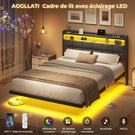 Lit suspendu AOGLLATI 140 × 190 cm avec éclairage LED et multiprise tête de lit rembourrée avec espace de rangement tissu en lin