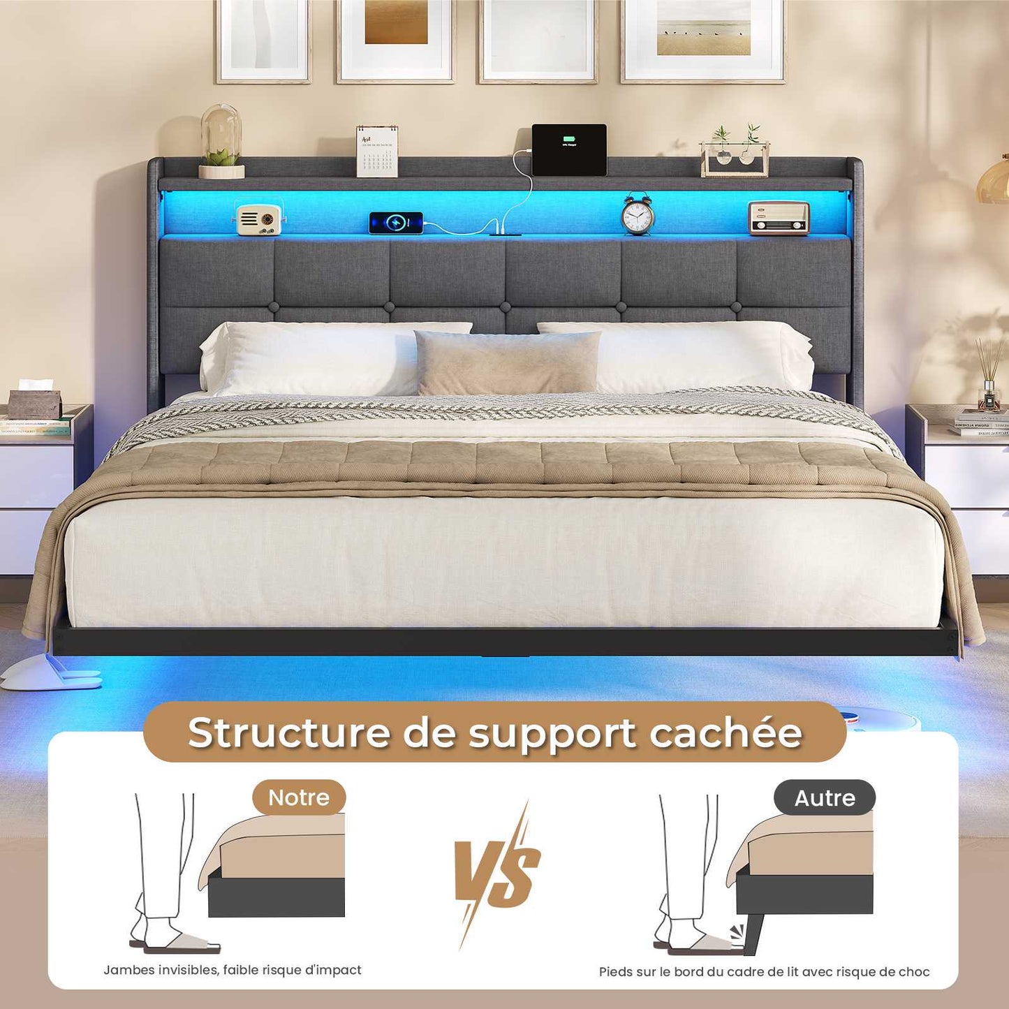 Lit suspendu AOGLLATI 160 × 200 cm avec éclairage LED et multiprise tête de lit rembourrée avec espace de rangement tissu en lin