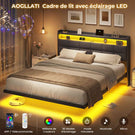 Lit suspendu AOGLLATI 160 × 200 cm avec éclairage LED et multiprise tête de lit rembourrée avec espace de rangement tissu en lin