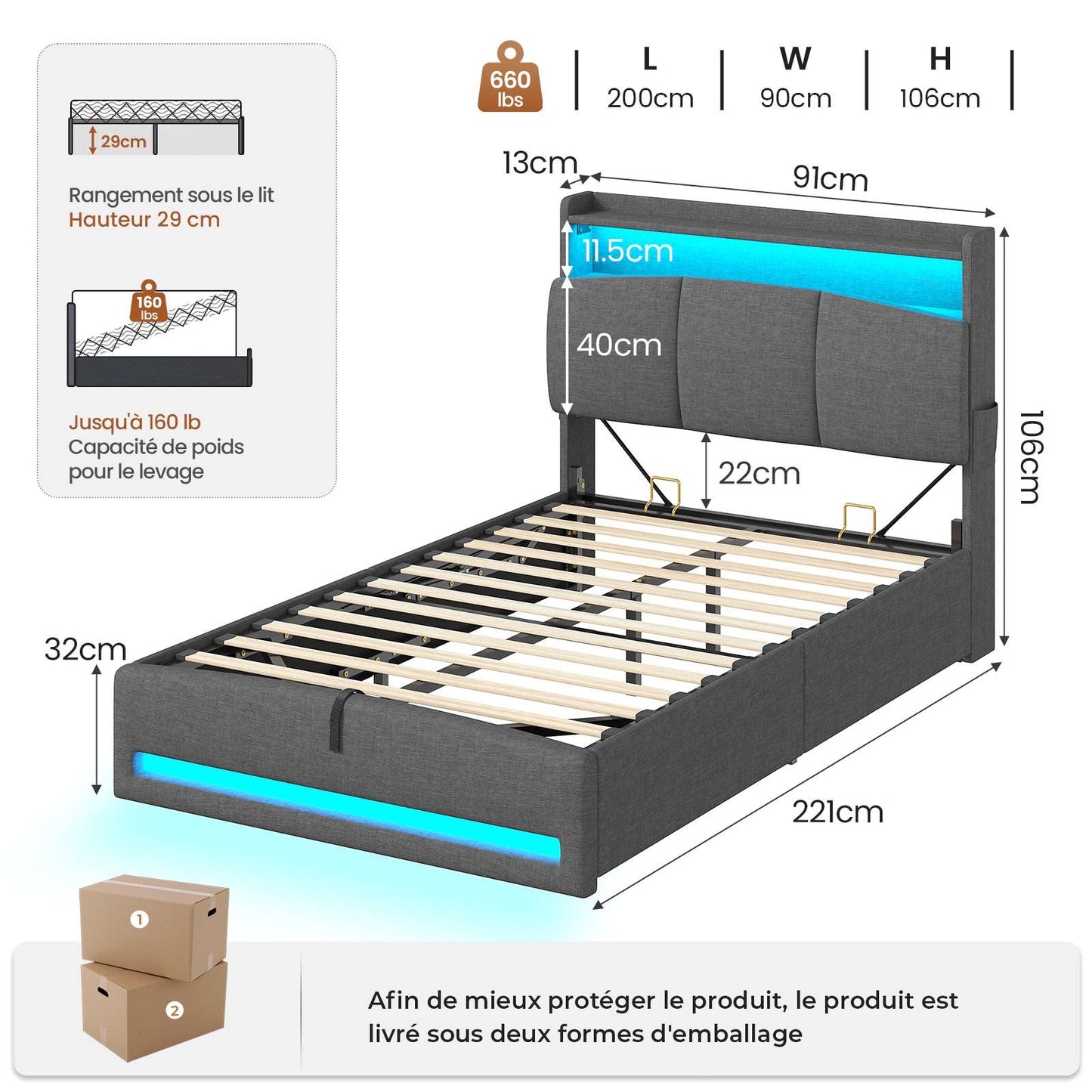 AOGLLATI Lit AOGLLATI 90 × 200 avec rangements équipé d'un éclairage LED et de ports USB tête de lit rembourrée avec compartiments de rangement séparés lit double à réglage hydraulique