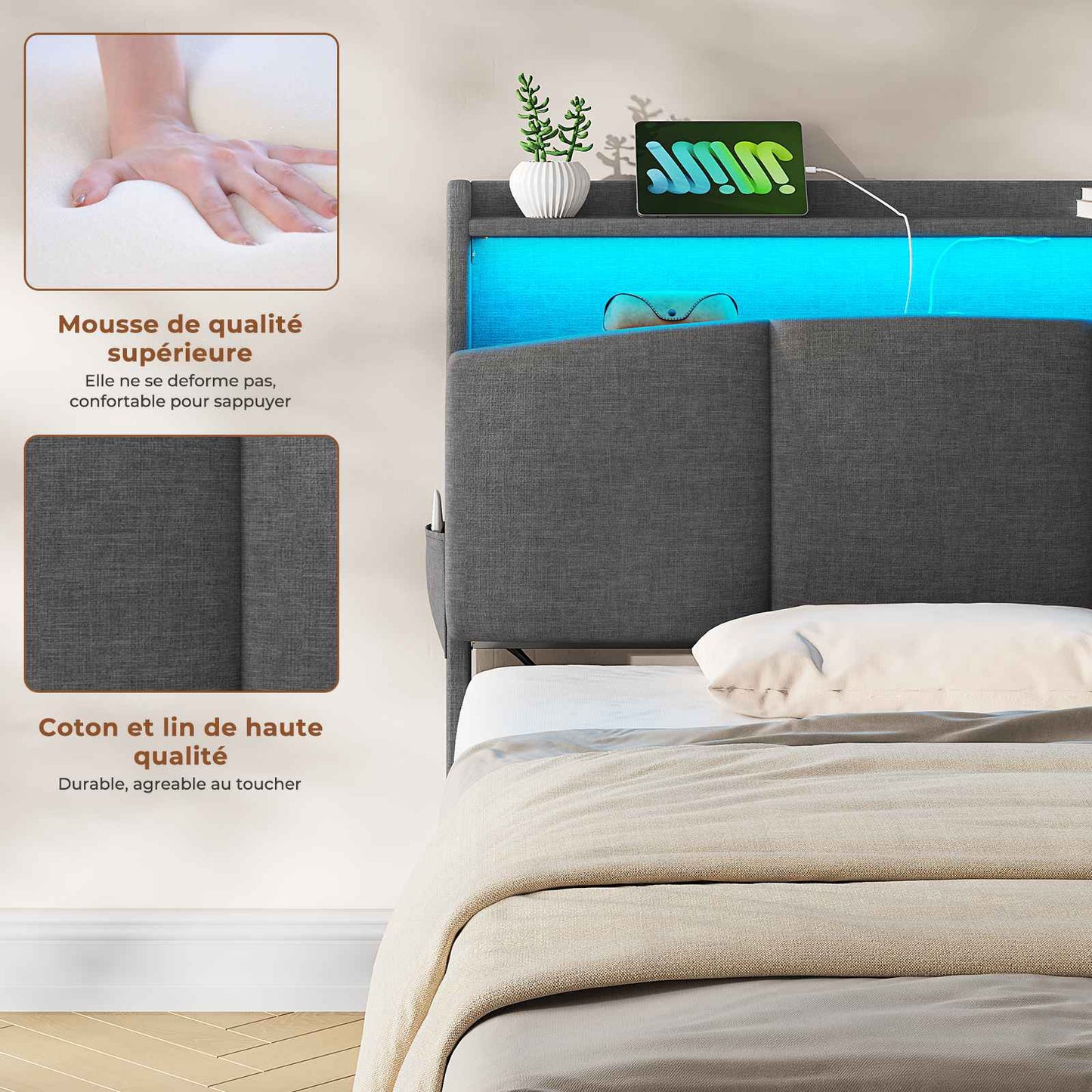 AOGLLATI Lit AOGLLATI 90 × 200 avec rangements équipé d'un éclairage LED et de ports USB tête de lit rembourrée avec compartiments de rangement séparés lit double à réglage hydraulique