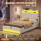AOGLLATI Lit AOGLLATI 90 × 200 avec rangements équipé d'un éclairage LED et de ports USB tête de lit rembourrée avec compartiments de rangement séparés lit double à réglage hydraulique