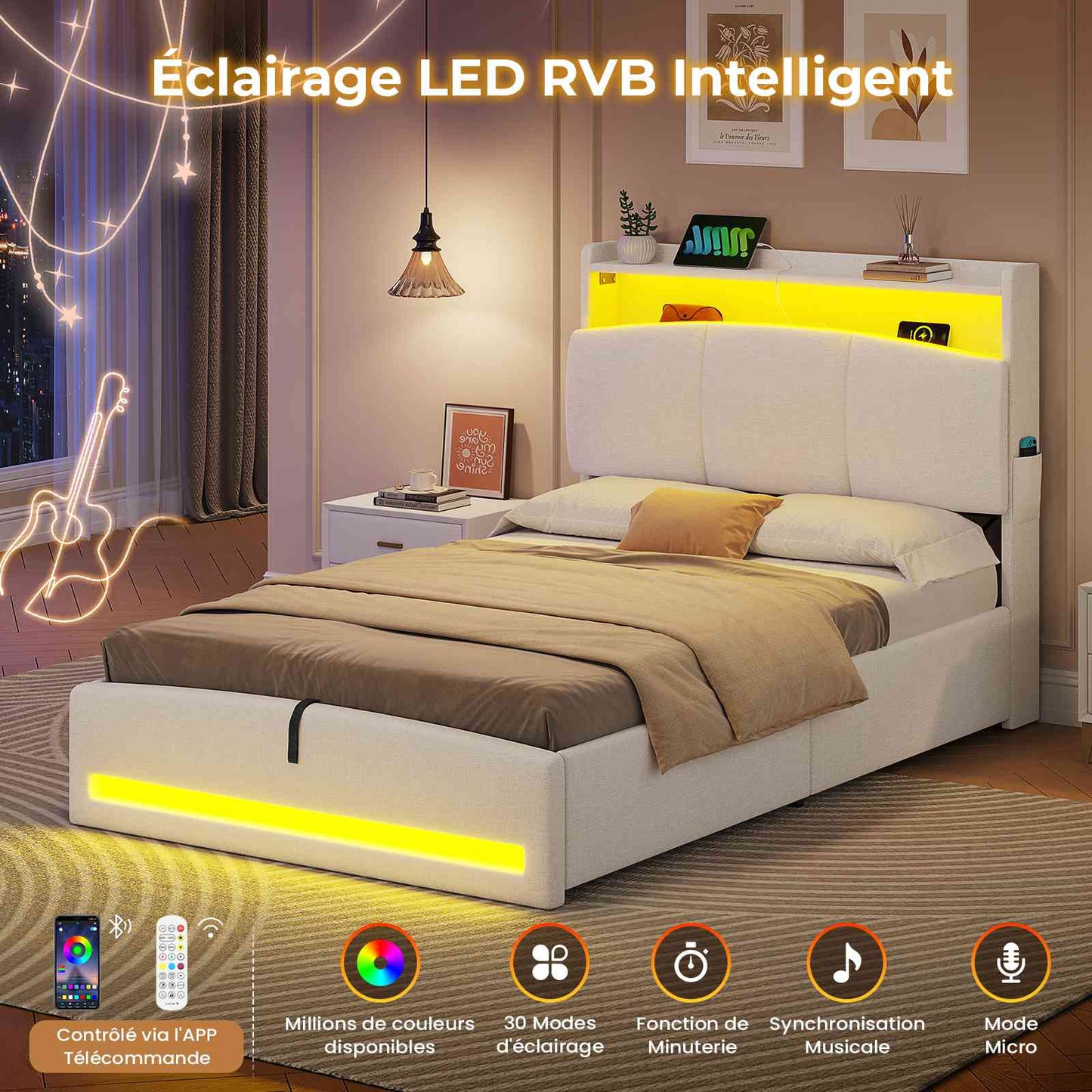 AOGLLATI Lit AOGLLATI 90 × 200 avec rangements équipé d'un éclairage LED et de ports USB tête de lit rembourrée avec compartiments de rangement séparés lit double à réglage hydraulique