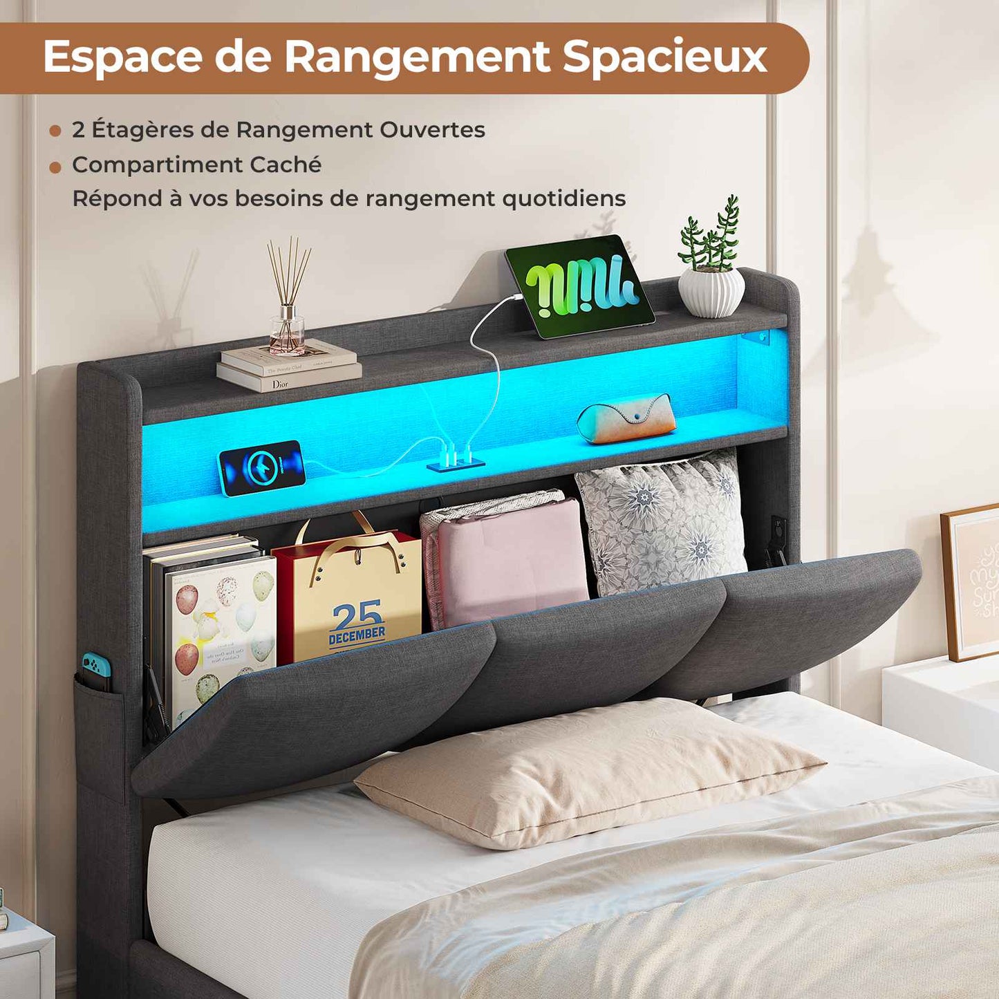 AOGLLATI Lit AOGLLATI 90 × 200 avec rangements équipé d'un éclairage LED et de ports USB tête de lit rembourrée avec compartiments de rangement séparés lit double à réglage hydraulique