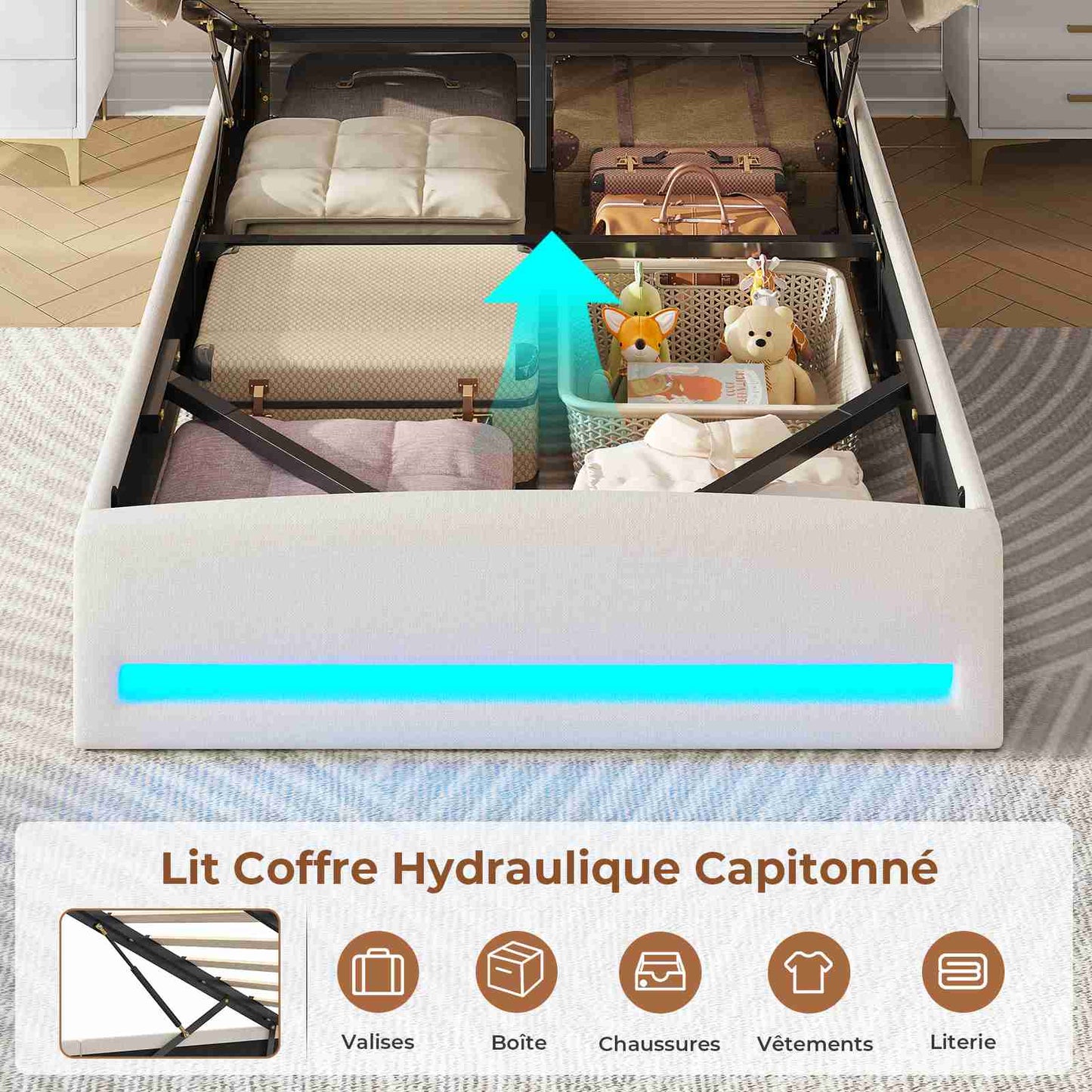 AOGLLATI Lit AOGLLATI 90 × 200 avec rangements équipé d'un éclairage LED et de ports USB tête de lit rembourrée avec compartiments de rangement séparés lit double à réglage hydraulique