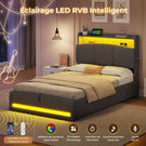 AOGLLATI Lit AOGLLATI 90 × 200 avec rangements équipé d'un éclairage LED et de ports USB tête de lit rembourrée avec compartiments de rangement séparés lit double à réglage hydraulique