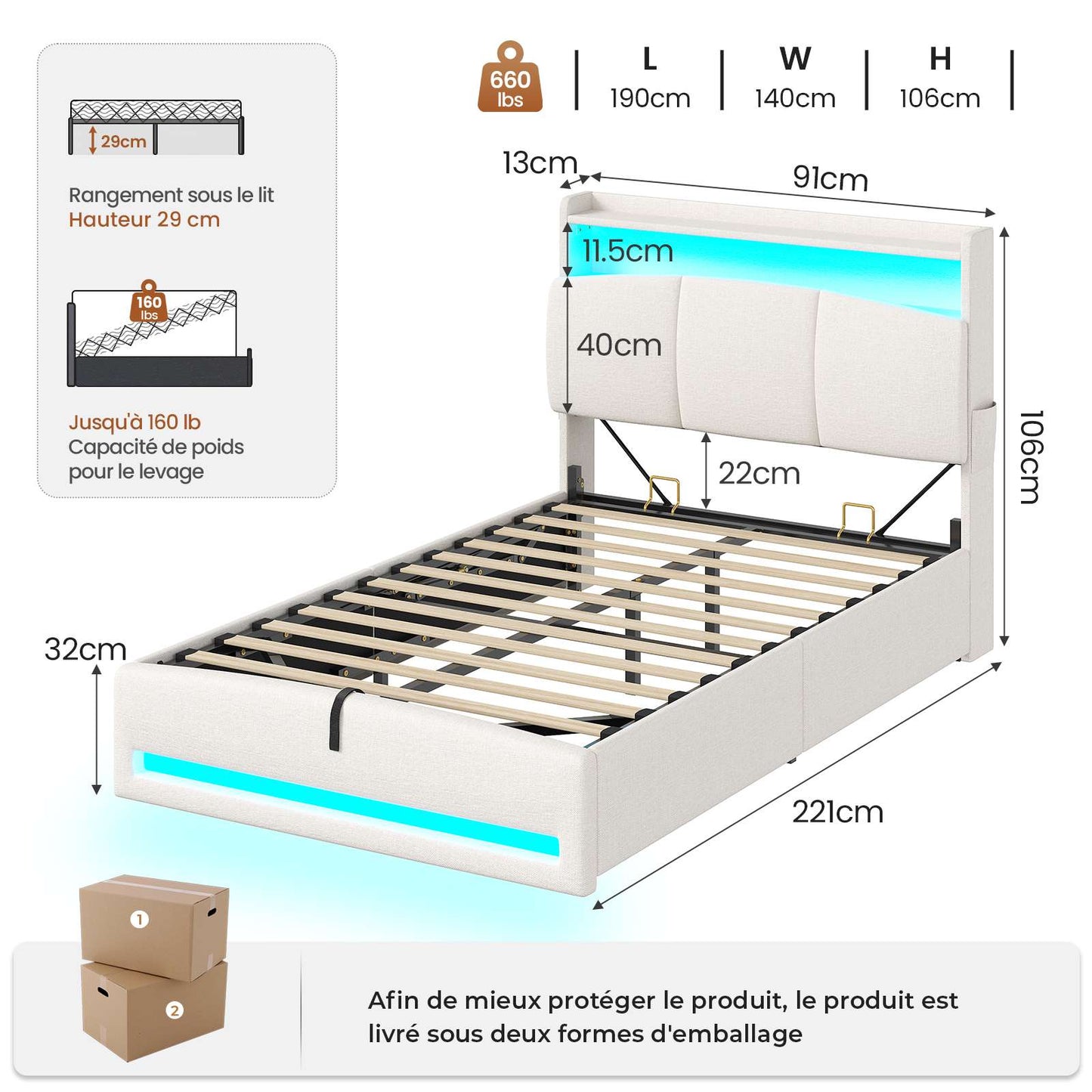 AOGLLATI Lit AOGLLATI 90 × 200 avec rangements équipé d'un éclairage LED et de ports USB tête de lit rembourrée avec compartiments de rangement séparés lit double à réglage hydraulique