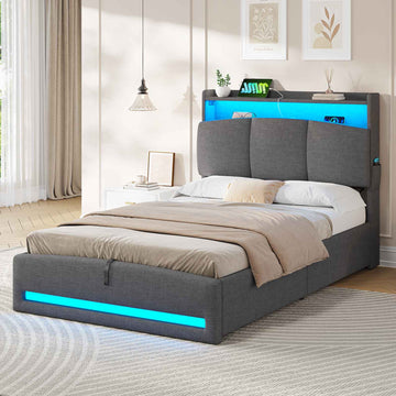 AOGLLATI Lit AOGLLATI 90 × 200 avec rangements équipé d'un éclairage LED et de ports USB tête de lit rembourrée avec compartiments de rangement séparés lit double à réglage hydraulique