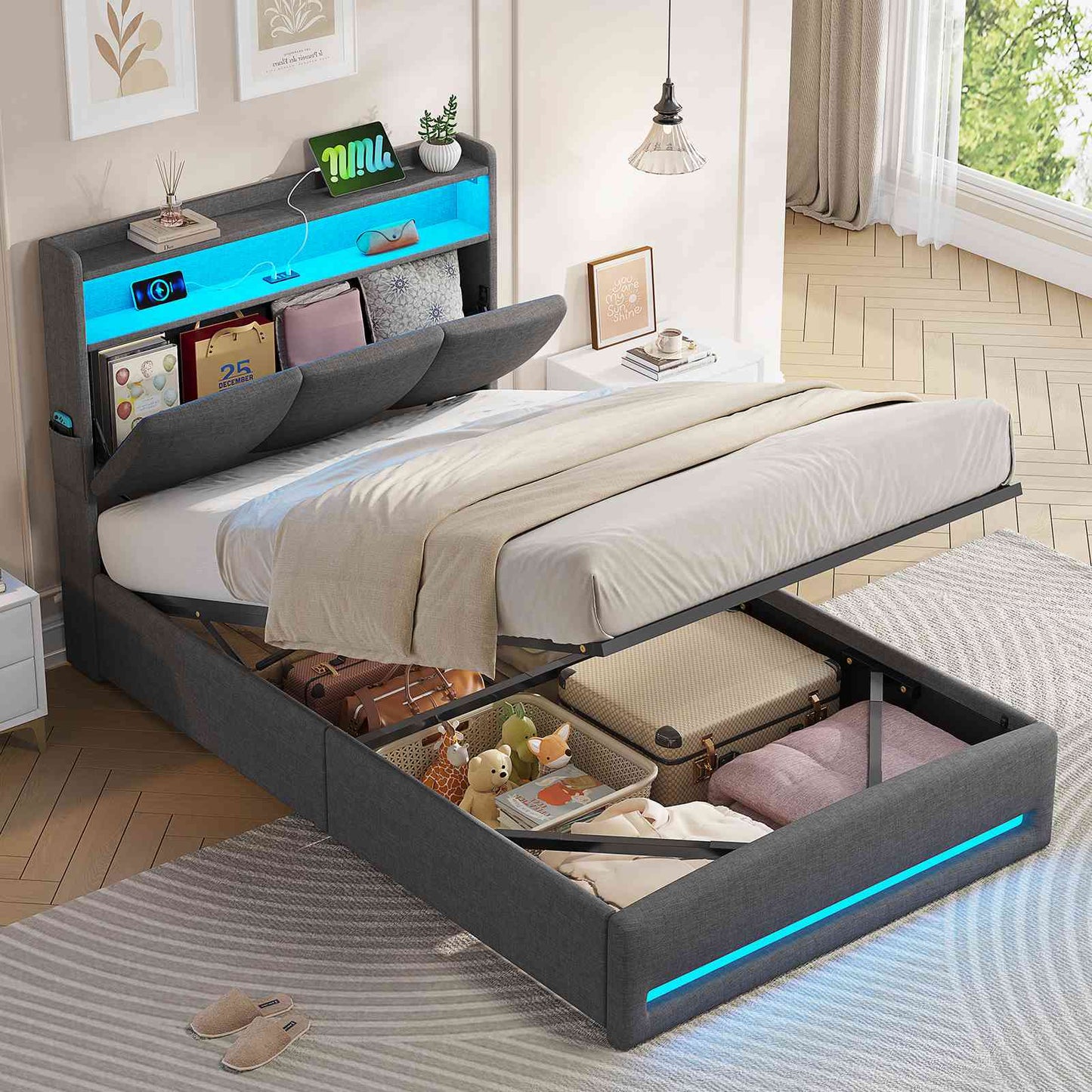 AOGLLATI Lit AOGLLATI 90 × 200 avec rangements équipé d'un éclairage LED et de ports USB tête de lit rembourrée avec compartiments de rangement séparés lit double à réglage hydraulique