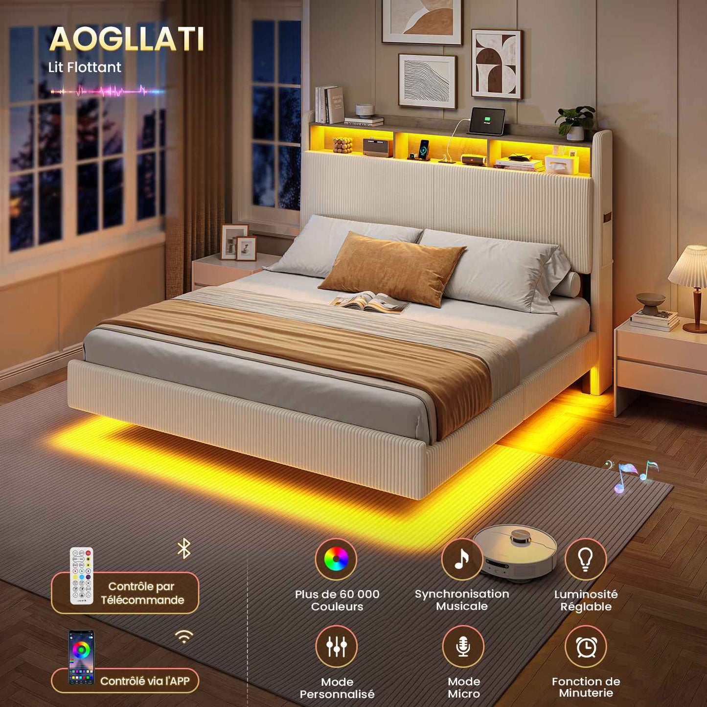 AOGLLATI Lit Flottant 180 x 200 avec sommier