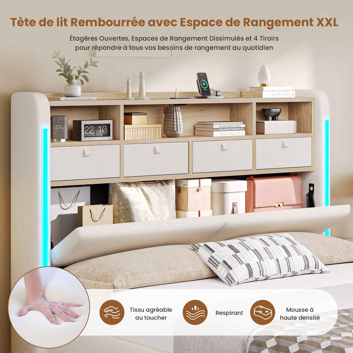 AOGLLATI Lit Hydraulique 140x200 avec Éclairage LED, Multiprise & 4 Tiroirs