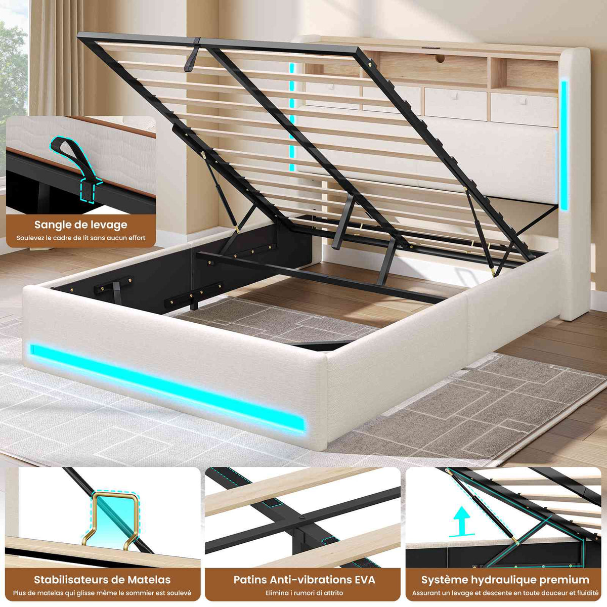 AOGLLATI Lit Hydraulique 140x200 avec Éclairage LED, Multiprise & 4 Tiroirs