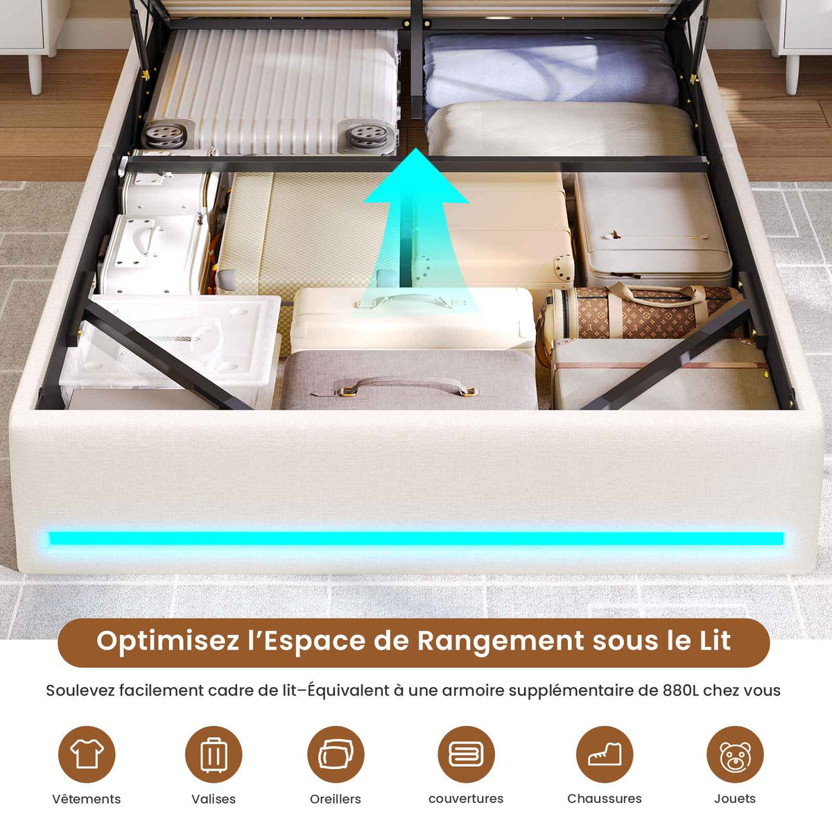 AOGLLATI Lit Hydraulique 140x200 avec Éclairage LED, Multiprise & 4 Tiroirs