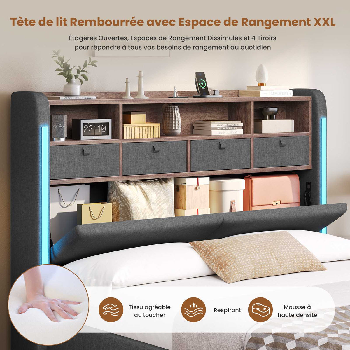 AOGLLATI Lit Hydraulique 140x200 avec Éclairage LED, Multiprise & 4 Tiroirs