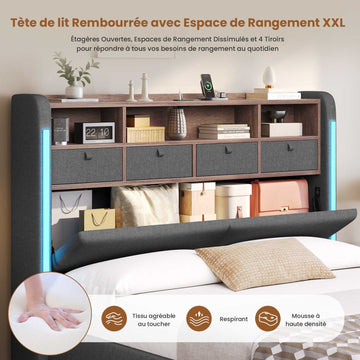 AOGLLATI Lit Hydraulique 140x200 avec Éclairage LED, Multiprise & 4 Tiroirs