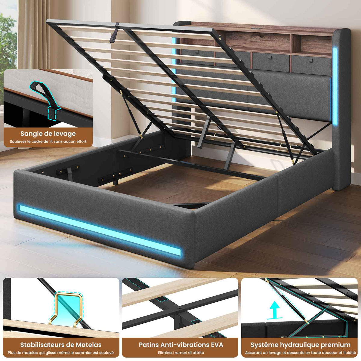 AOGLLATI Lit Hydraulique 140x200 avec Éclairage LED, Multiprise & 4 Tiroirs