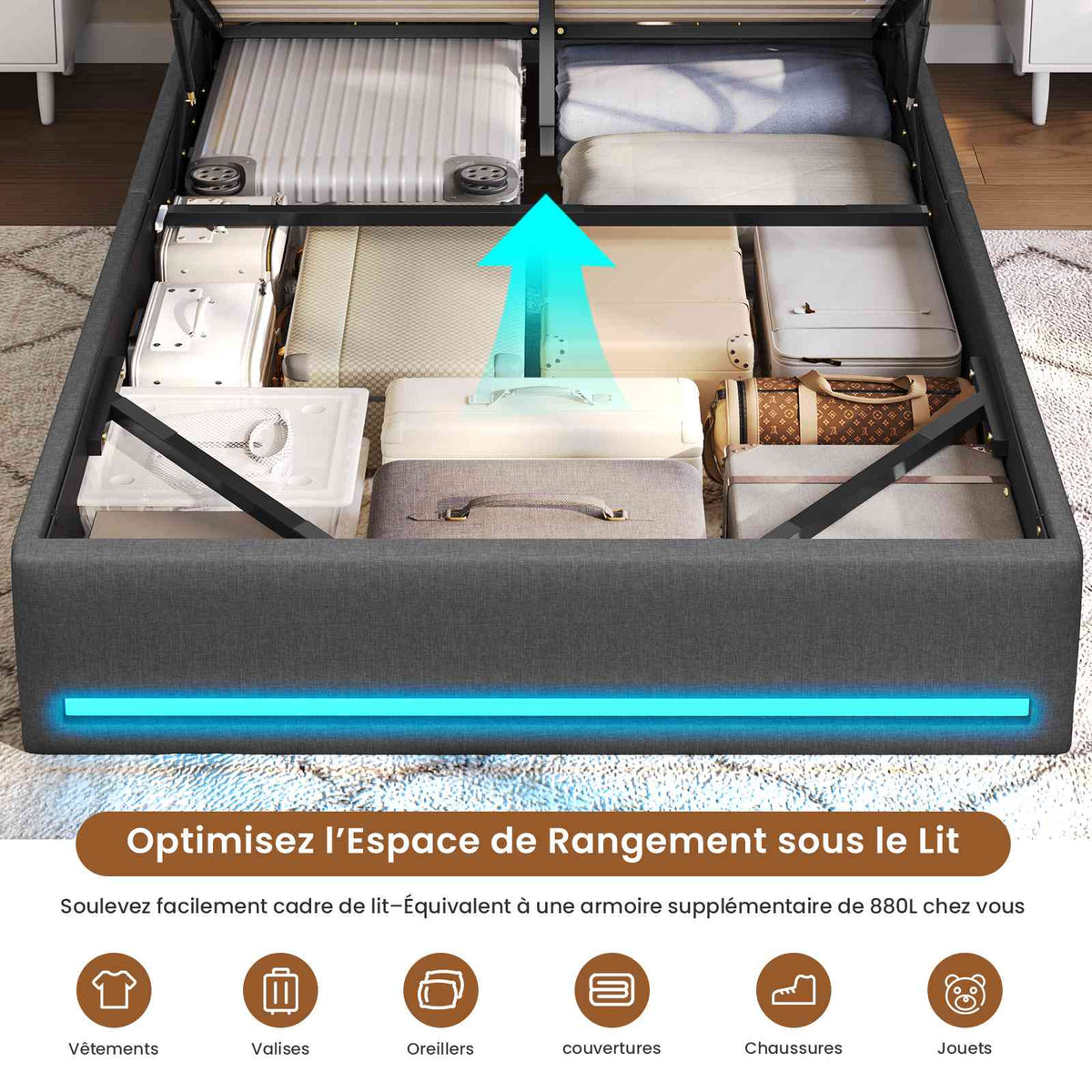 AOGLLATI Lit Hydraulique 140x200 avec Éclairage LED, Multiprise & 4 Tiroirs