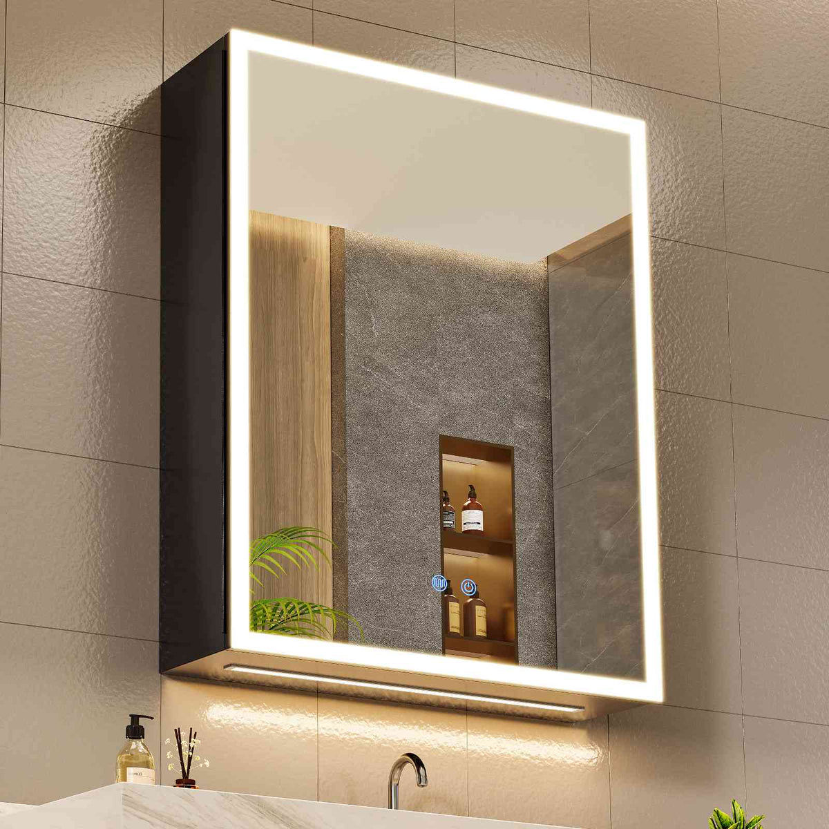 AOGLLATI Meuble Salle de Bain en Métal avec LED, Prise, Fonction Anti-Buée