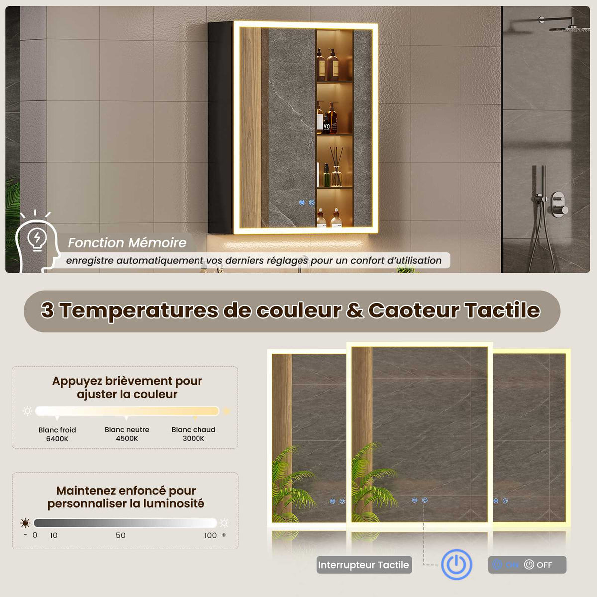 AOGLLATI Meuble Salle de Bain en Métal avec LED, Prise, Fonction Anti-Buée