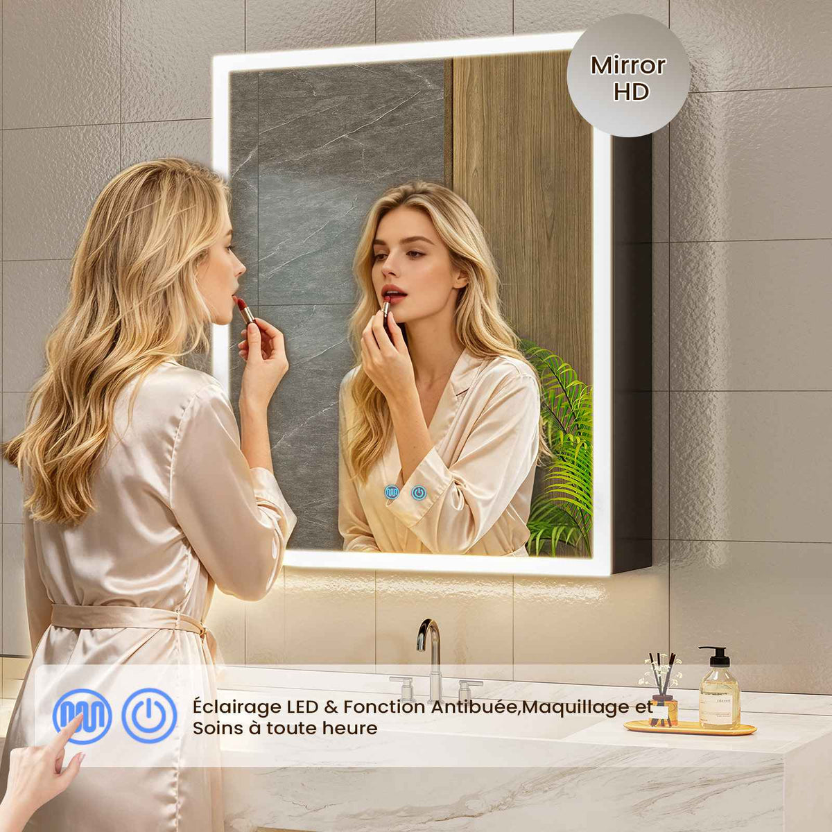 AOGLLATI Meuble Salle de Bain en Métal avec LED, Prise, Fonction Anti-Buée