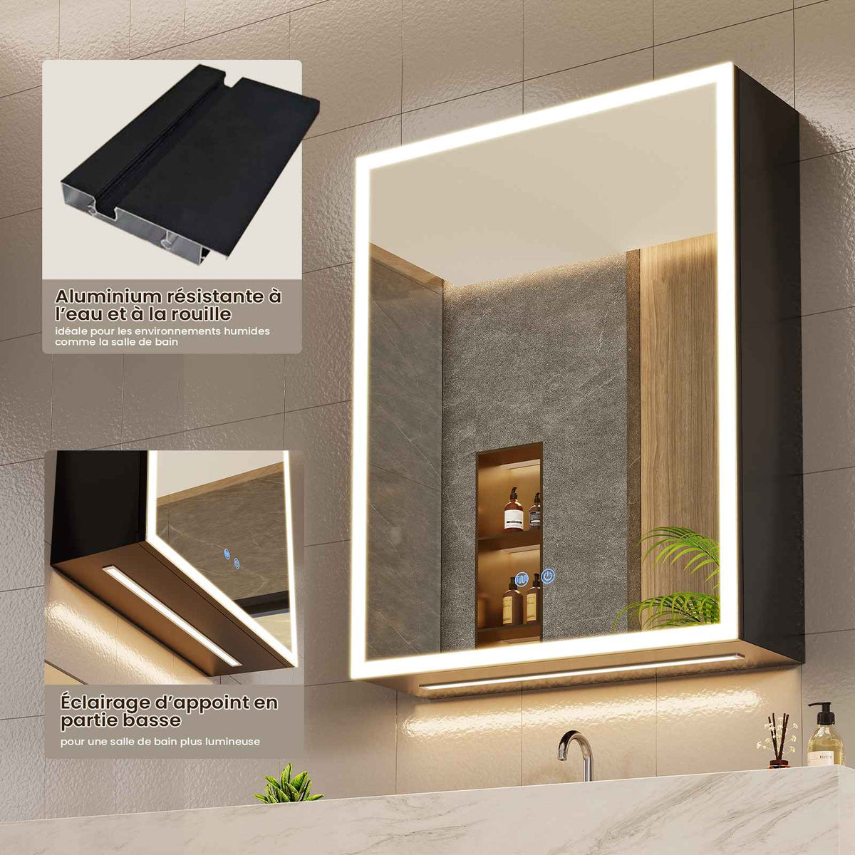 AOGLLATI Meuble Salle de Bain en Métal avec LED, Prise, Fonction Anti-Buée