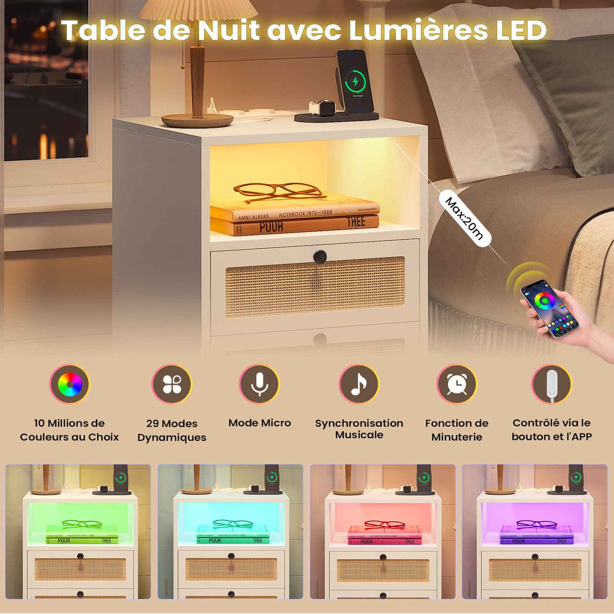 Table de Chevet en Rotin avec Avec Lumières LED et Multiprise 2 Prises CA 2 Ports USB Tables d'appoint avec 2 Tiroirs et Compartiment