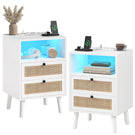 Table de Chevet en Rotin avec Avec Lumières LED et Multiprise 2 Prises CA 2 Ports USB Tables d'appoint avec 2 Tiroirs et Compartiment